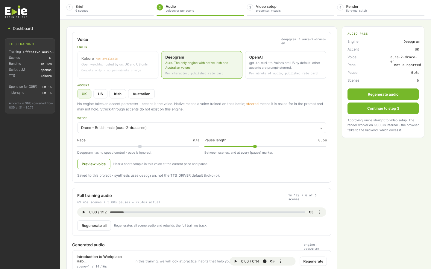 Evie TrainStudio voice and pronunciation settings