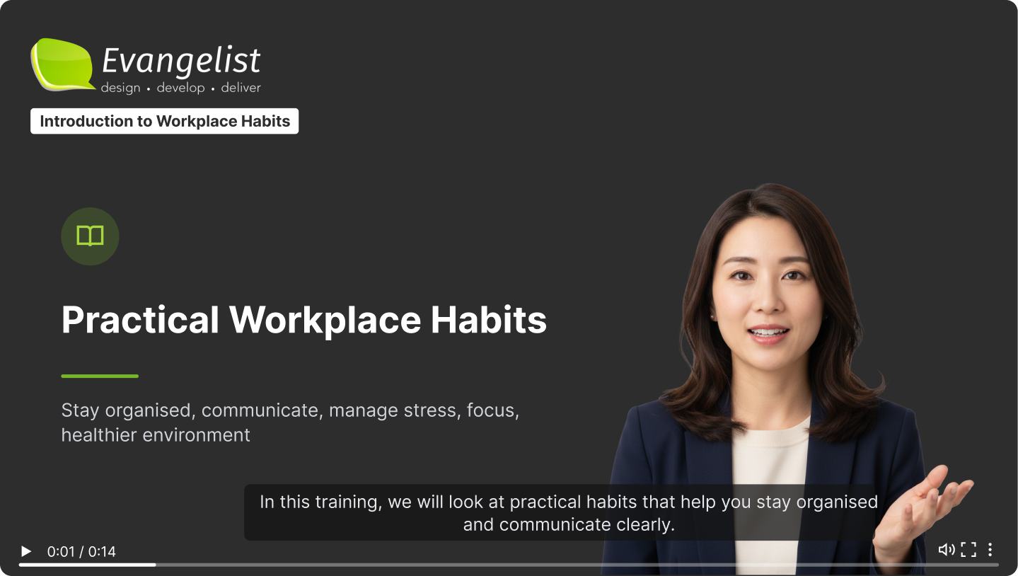 AI avatar training videos - composed scene with presenter and graphics
