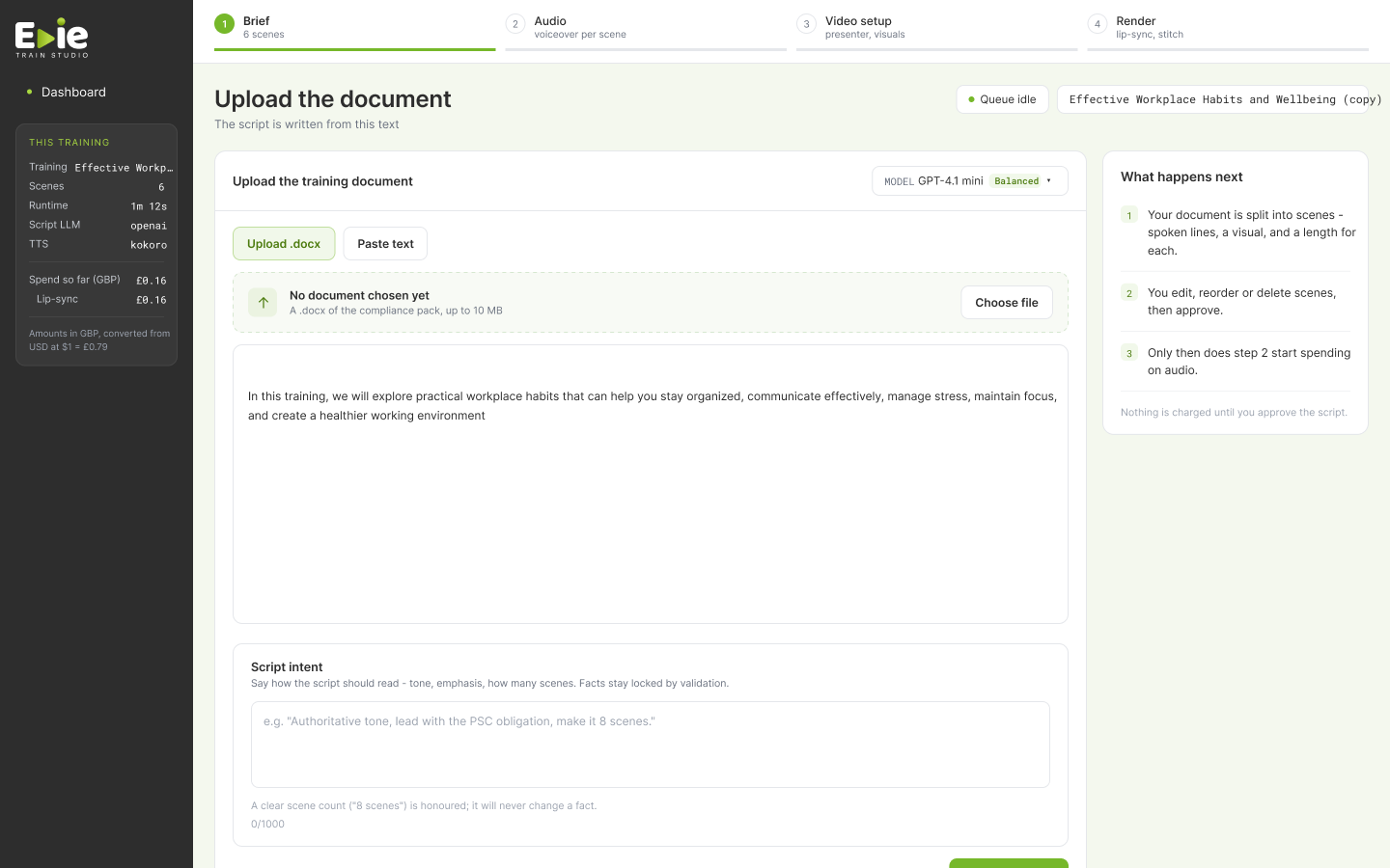 Turn documents into training videos - brief and script approval screen