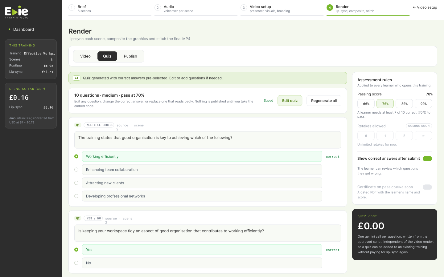 Embed a training video with a quiz - AI video quiz generator screen